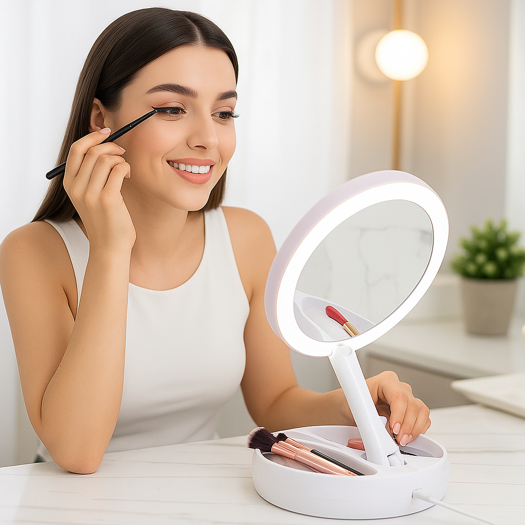 ¿Poco espacio o necesitas comodidad? Este espejo plegable con luz LED es tu solución ideal. Se ajusta fácilmente, gira y se pliega para acompañarte donde lo necesites. Su base con compartimentos mantiene tus cosméticos organizados, ofreciéndote practicidad y estilo en un solo diseño.