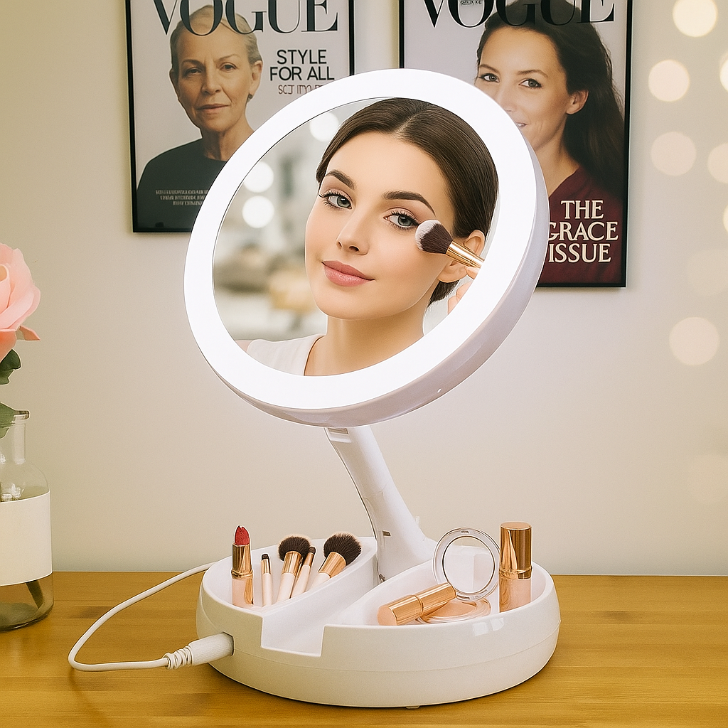 Disfruta de una iluminación perfecta en cualquier momento del día. Su luz LED ajustable realza cada detalle para lograr un maquillaje impecable y natural. Un espejo elegante, moderno y funcional que convierte tu rutina de belleza en un verdadero ritual de cuidado personal.